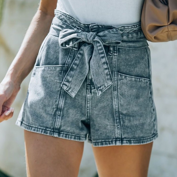 Blueish Gray High Waist Denim Shorts Bow Tie Removable Belt - Picture 8 of 10